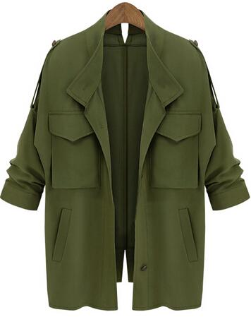 Romwe Pockets Loose Army Green Coat