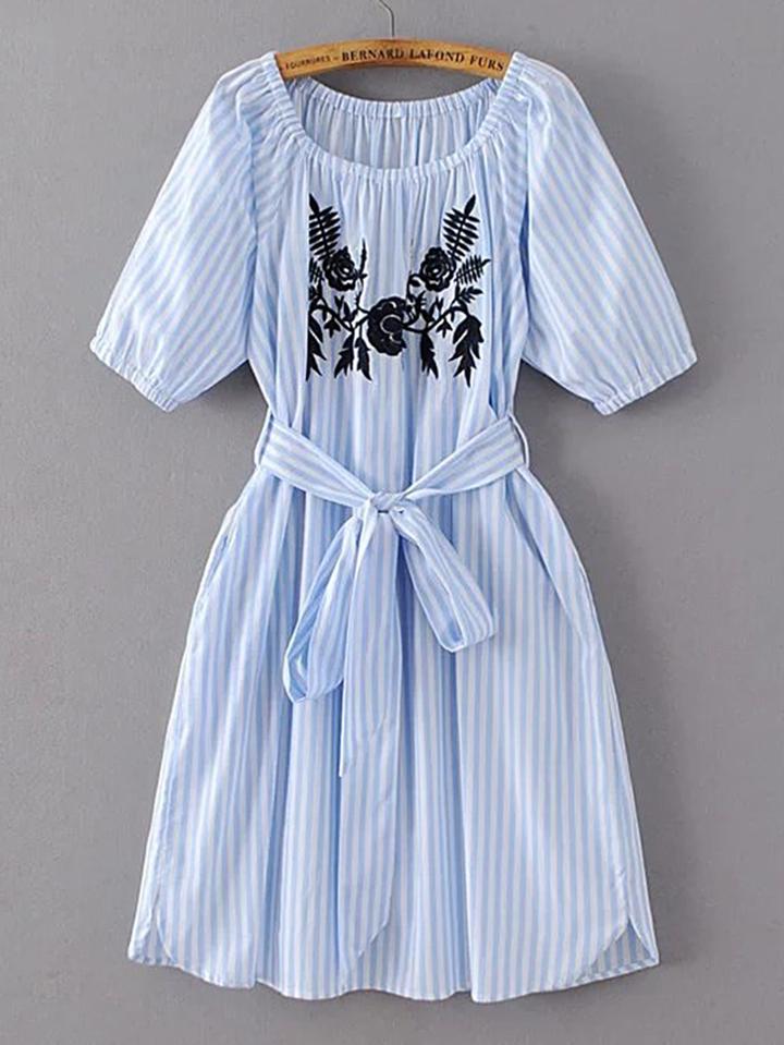Romwe Vertical Striped Embroidered Dress With Self Tie