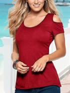 Romwe Cutout Shoulder Lace Back T-shirt - Red