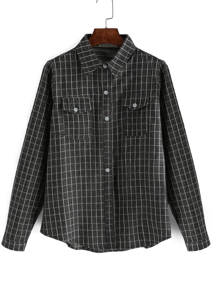 Romwe Lapel Plaid  Grey Blouse With Pockets