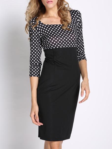 Romwe Square Neck Polka Dot Slim Black Dress