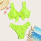 Romwe Neon Lime Knot Front Top With Lettuce Trim Bikini