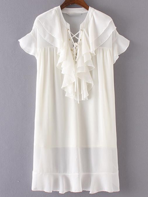 Romwe White Ruffle Lace Up Chiffon Dress