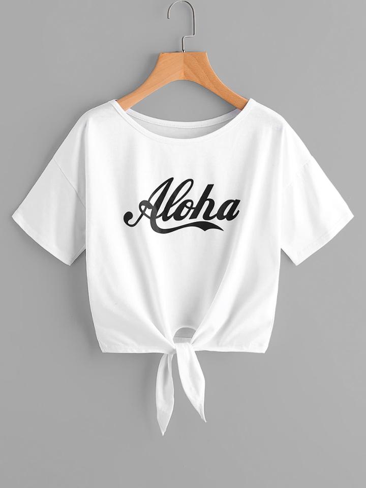 Romwe Letter Print Knot Front Tee