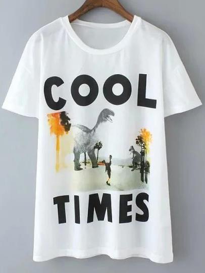 Romwe White Short Sleeve Letters Dinosaur Print T-shirt