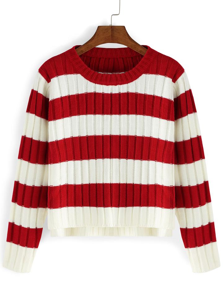 Romwe Striped Dip Hem Red Sweater