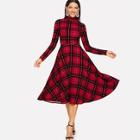 Romwe Mock Neck Fit & Flare Plaid Dress