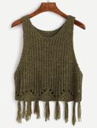 Romwe Olive Green Fringe Trim Hollow Out Knit Top