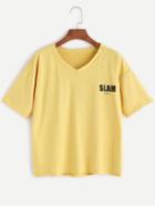 Romwe Yellow V Neck Letter Print T-shirt