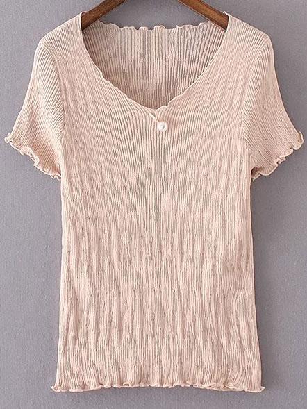 Romwe Pink V Neck Pearl Ruched Knitted Short Sleeve Blouse
