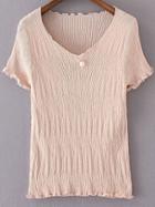 Romwe Pink V Neck Pearl Ruched Knitted Short Sleeve Blouse