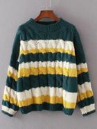 Romwe Dark Green Color Block Cable Knit Sweater