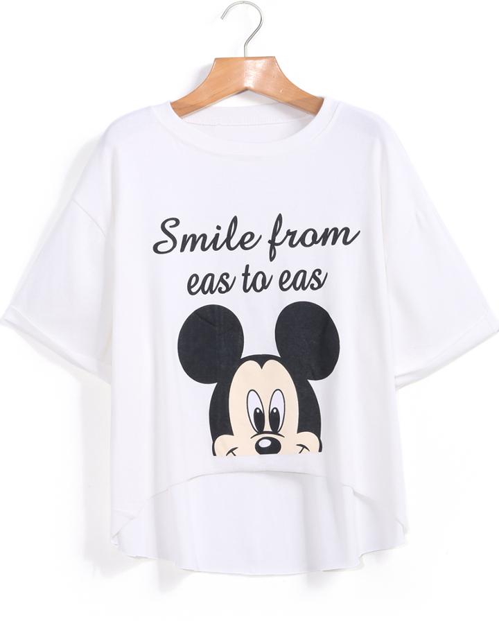 Romwe Dip Hem Mickey Print White T-shirt