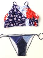 Romwe Floral Print Cross Back Bikini Set