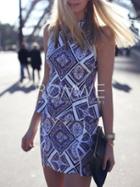 Romwe Blue Sleeveless Lapel Geometric Print Dress