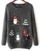 Romwe Penguin Christmas Tree Print Black Sweater