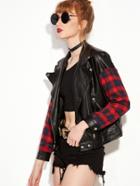 Romwe Black Contrast Plaid Zipper Pockets Pu Jacket