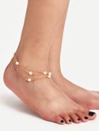 Romwe Gold Faux Pearl Layered Chain Link Anklet