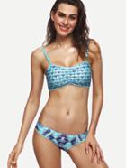 Romwe Blue Tribal Print Lace Trim Ruched Bikini Set