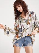 Romwe Tropical Print V Neck Fringe Trim Blouse