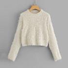 Romwe Crop Solid Fuzzy Sweater