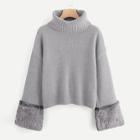 Romwe Turtle Neck Faux Fur Cuff Sweater