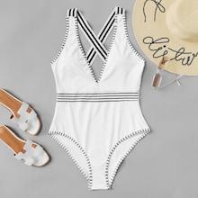 Romwe Plus Criss Cross Contrast Trim One Piece Swimsuit