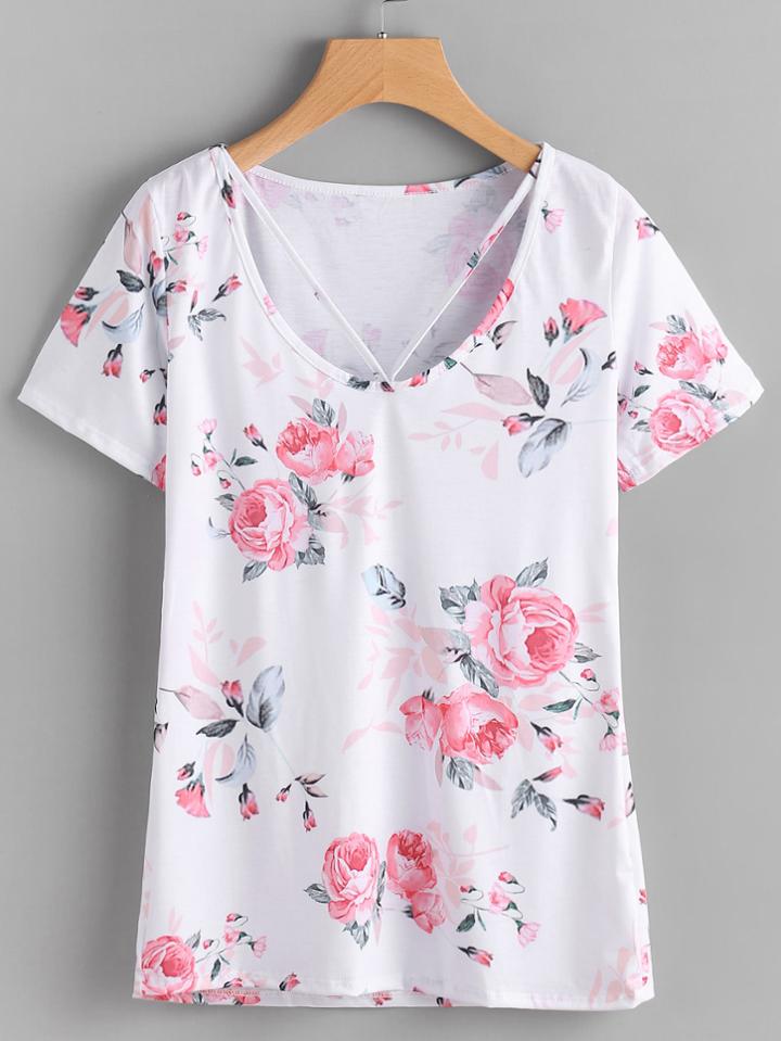 Romwe Floral Print Random Strappy Detail Tee