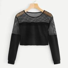 Romwe Contrast Fishnet Crop Sweatshirt