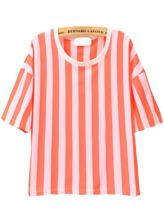 Romwe Vertical Stripe Loose Neon Orange T-shirt