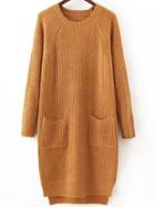 Romwe Raglan Sleeve Dip Hem Split Side Khaki Sweater Dress With Pockets
