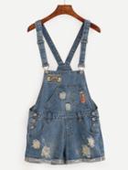 Romwe Embroidered Patch Ripped Overall Denim Shorts - Blue