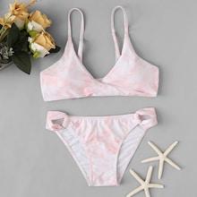 Romwe Marble Print Wrap Top With Loop Side Bikini Set