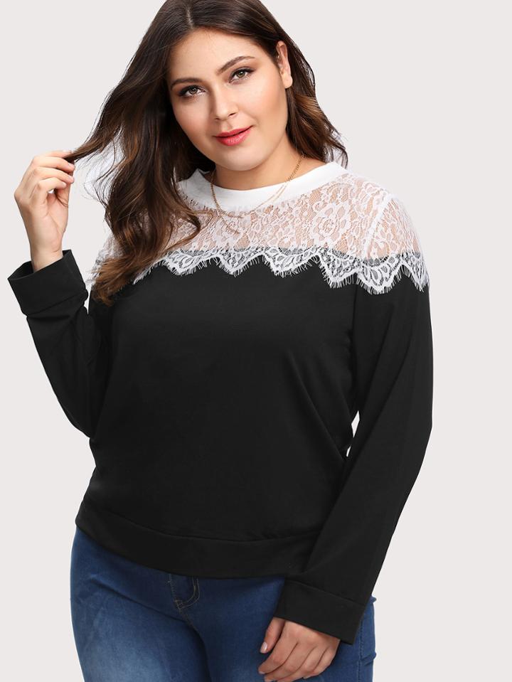 Romwe Scalloped Eyelash Lace Yoke Tee