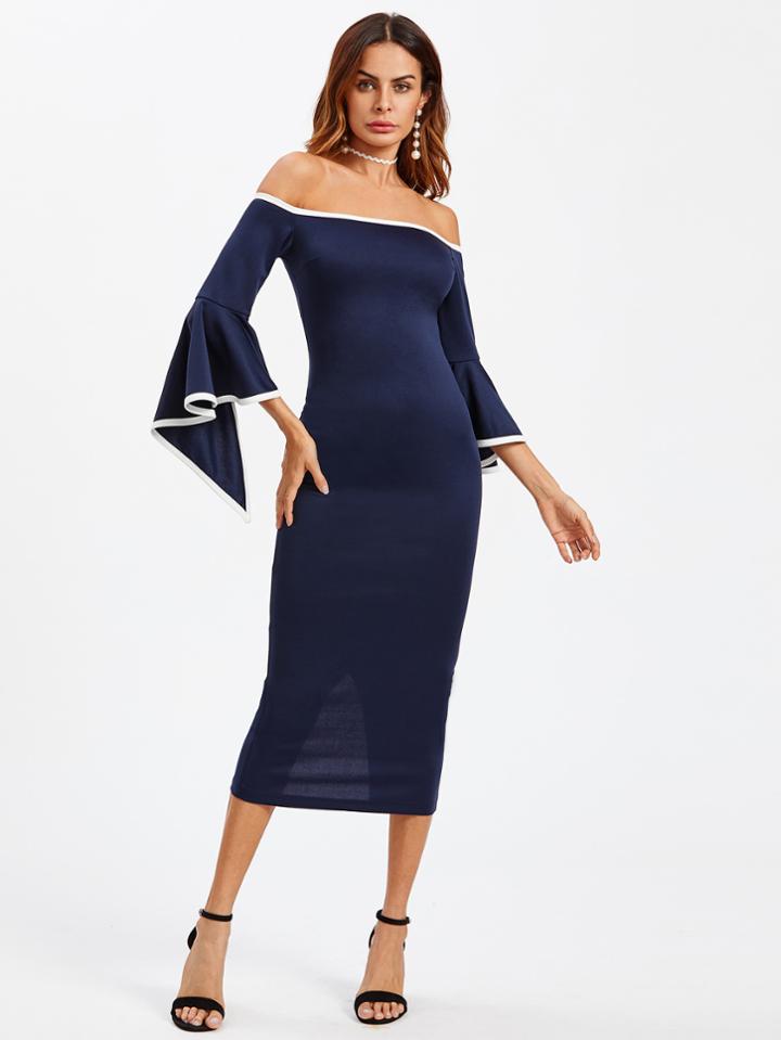 Romwe Slit Trumpet Sleeve Contrast Binding Bardot Dress