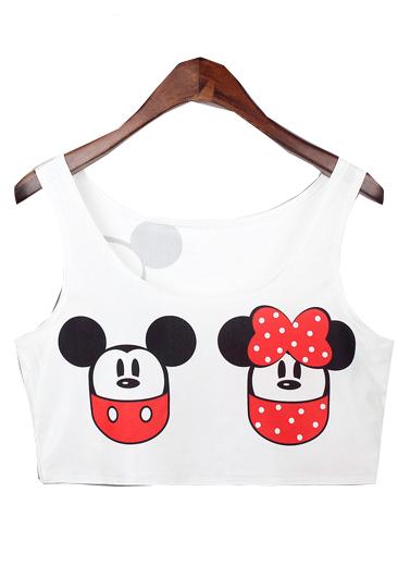 Romwe White Mickey Print Crop Vest
