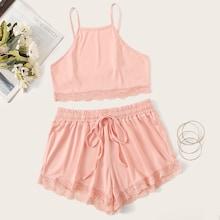 Romwe Lace Trim Cami Top & Shorts Pj Set