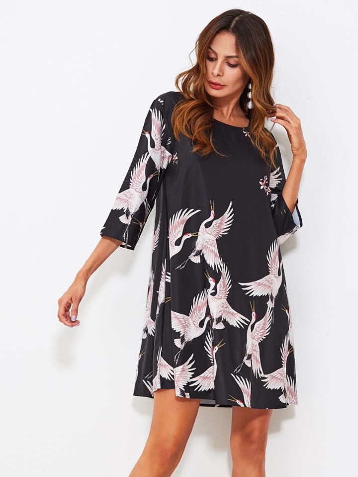 Romwe Crane Bird Print Swing Dress