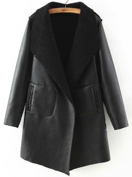 Romwe Black Shawl Collar Asymmetrical Pu Coat
