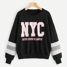 Romwe Slogan Print Striped Panel Sweatshirt