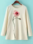 Romwe Rose Print Loose White Sweatshirt