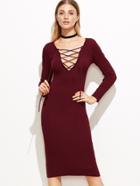 Romwe Burgundy Deep V Neck Lace Up Sweater Dress