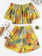 Romwe Off Shoulder Pineapple Print Crop Top With Shorts