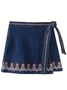 Romwe Blue Embroidery Denim Skirt With Tie