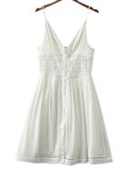 Romwe White Buttons Front Lace Splicing Spaghetti Strap Dress