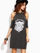 Romwe Print Cold Shoulder Shift Dress