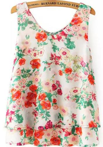 Romwe Double Layels Florals Chiffon White Tank Top