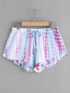 Romwe Water Color Frill Trim Drawstring Waist Shorts