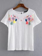 Romwe White Embroidery Tassel Detail T-shirt