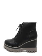 Romwe Black Round Toe Lace-up Wedge Ankle Boots